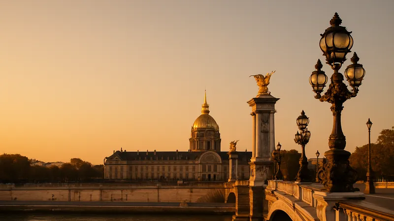 Gilded Dôme des Invalides beyond Pont Alexandre III and the Seine at golden hour.