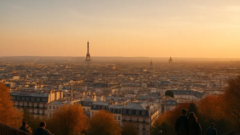 Paris rooftops at dusk seen from Montmartre with the Eiffel Tower distant.