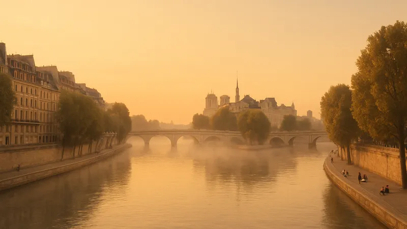 Seine at sunrise looking toward Pont Neuf and Île de la Cité.