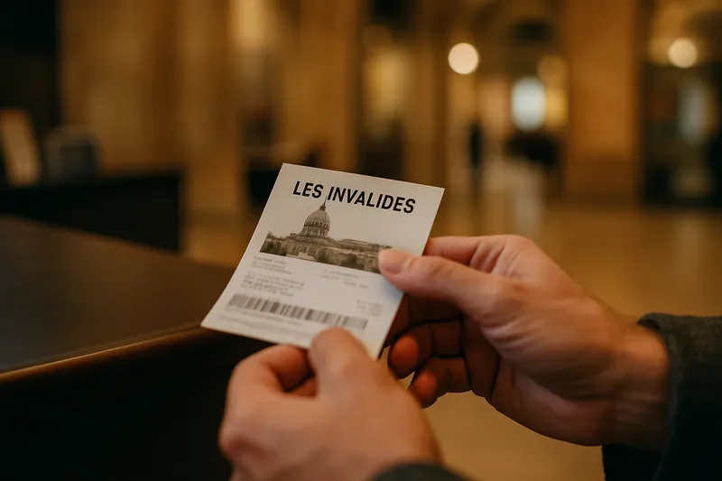Visitor holding printed Les Invalides ticket at confirmation counter